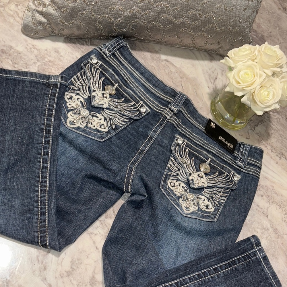 Grace in LA Blue Capri Jeans with Rhinestone Embellishments